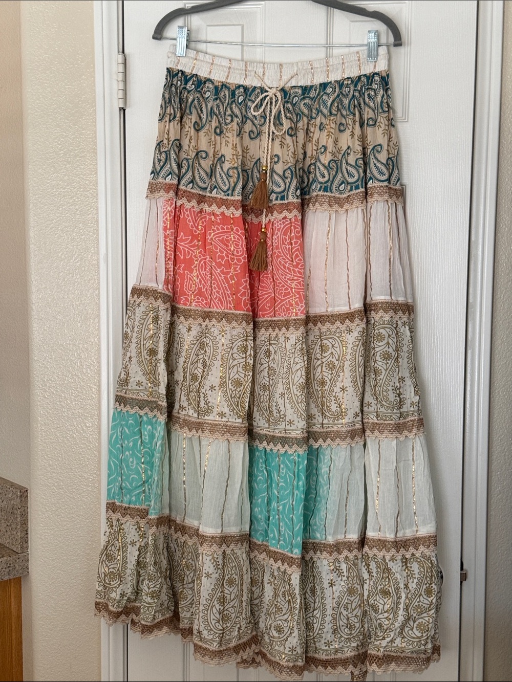 Boho Tiered Skirt Set in Teal, Coral , Cream, Tan paisley adjustable S-XL - Picture 4 of 8